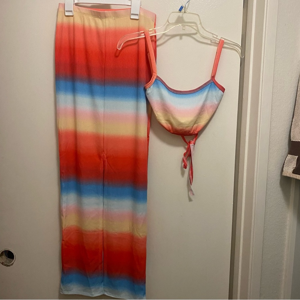 Spring Haze Beach Set Backless Crop Top & Maxi Skirt Juniors L Large Stripes Vtg